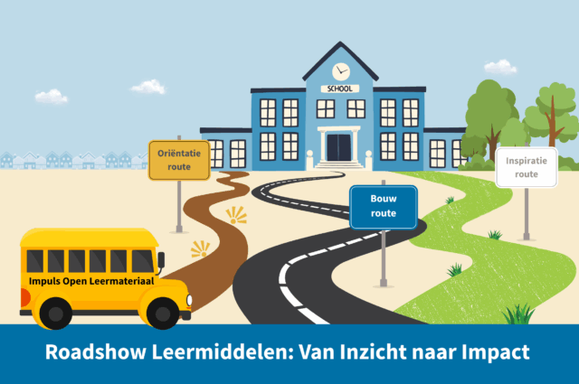 Een getekend landschap met drie verschillende routes die ieder op hun eigen manier naar de school leiden met daarvoor een gele schoolbus van IOL.