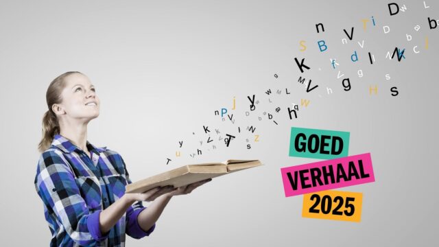 Meisje met open boek waar letters uit vliegen.