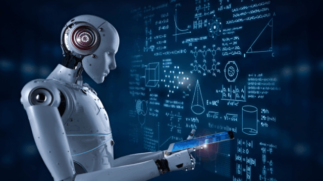 Robot houdt tablet vast voor een artificiële wand met informatie.